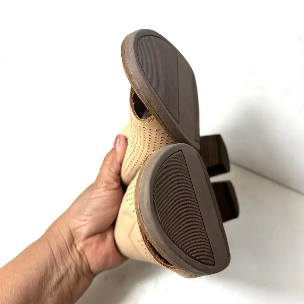 TOMS Tan Leather Block Heeled Sandals Women's 10 Slip On Open Toe Comfort Casual